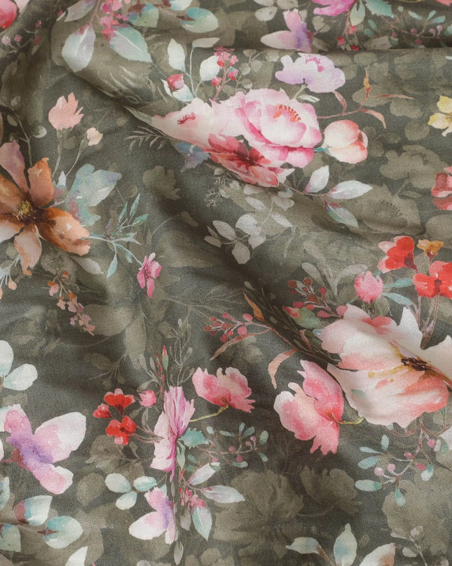 Dark olive cotton satin fabric with multicolor print in floral design-D16778 Regal Fabrics