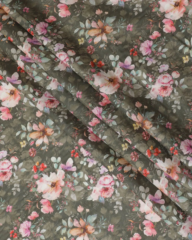 Dark olive cotton satin fabric with multicolor print in floral design-D16778 Regal Fabrics