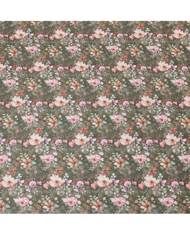 Dark olive cotton satin fabric with multicolor print in floral design-D16778 Regal Fabrics