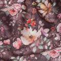 Brown cotton satin fabric with multicolor print in floral design-D16779