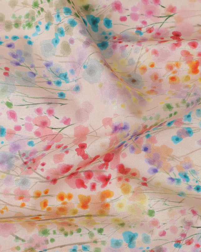 Light peach cotton satin fabric with multicolor print in floral design-D16784