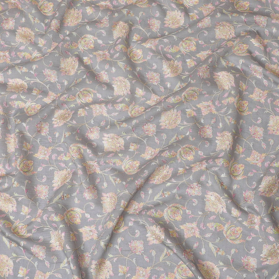 قماش حرير من القطن الخالص باللون الرمادي مع تطريز متعدد الألوان بتصميم الأزهار-D16864