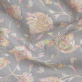 قماش حرير من القطن الخالص باللون الرمادي مع تطريز متعدد الألوان بتصميم الأزهار-D16864