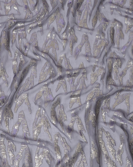 Coin grey premium pure silk chiffon fabric with lavender gold metallic lurex in abstract design-D16876