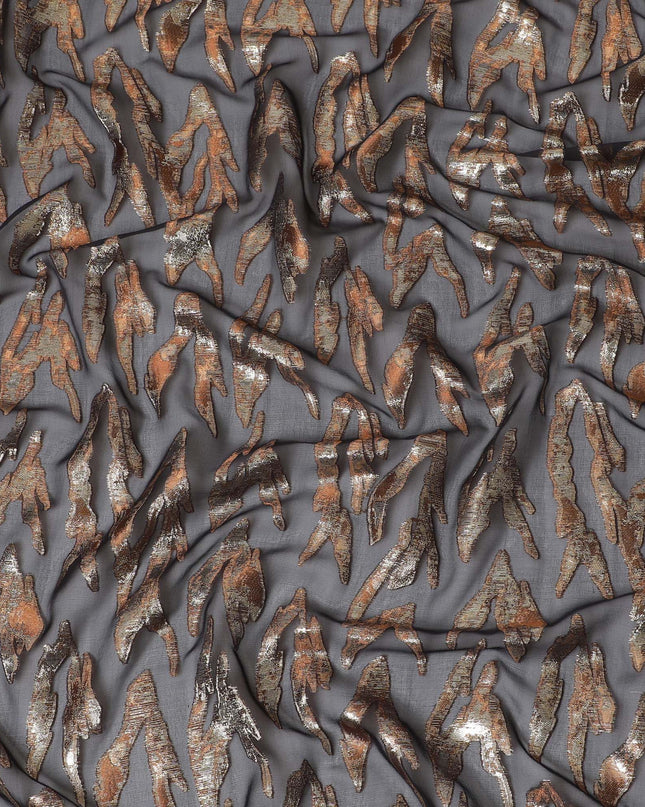 قماش شيفون من الحرير الخالص باللون الأسود مع لوريكس معدني ذهبي نحاسي بتصميم تجريدي -D16877