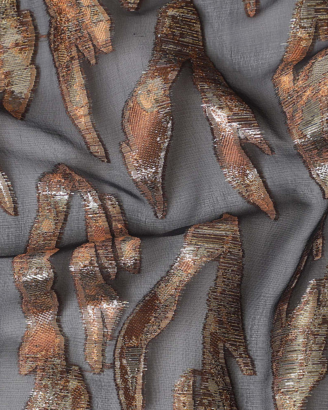 قماش شيفون من الحرير الخالص باللون الأسود مع لوريكس معدني ذهبي نحاسي بتصميم تجريدي -D16877
