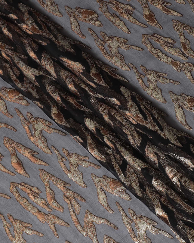 قماش شيفون من الحرير الخالص باللون الأسود مع لوريكس معدني ذهبي نحاسي بتصميم تجريدي -D16877