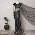 Black, silver Premium pure French metallic chantilly lace saree having stone work in floral design-D16880