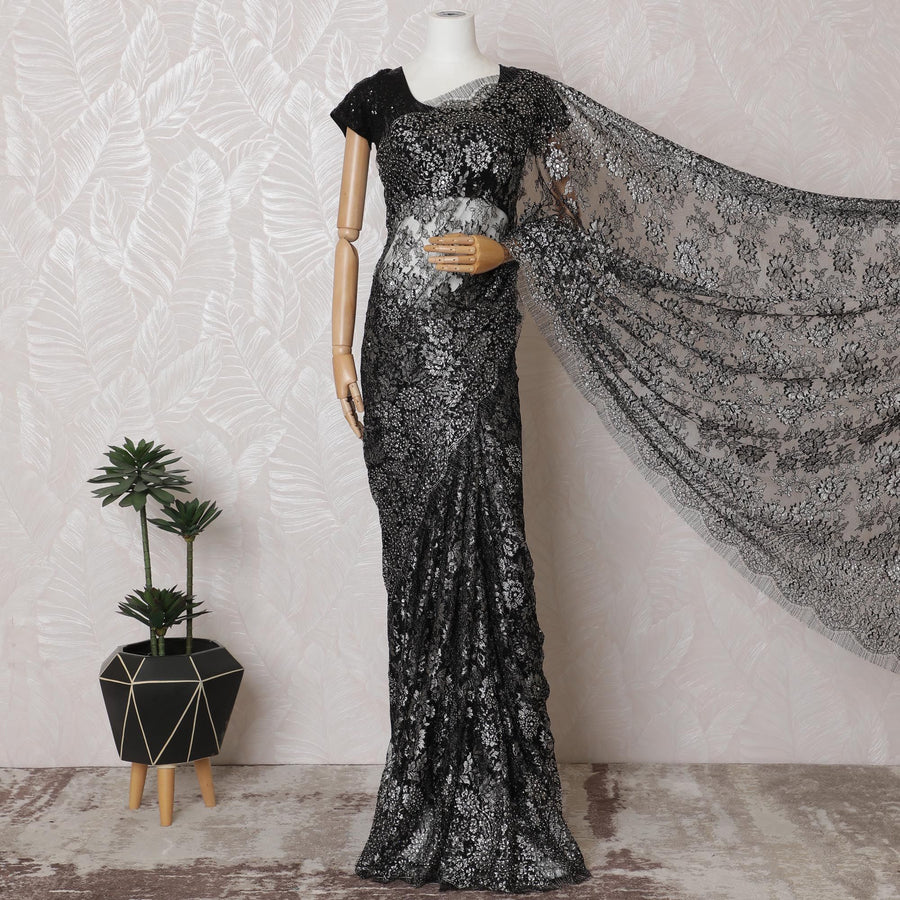 Black, silver Premium pure French metallic chantilly lace saree having stone work in floral design-D16880