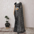 Black, silver Premium pure French metallic chantilly lace saree having stone work in floral design-D16880