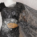 Black, silver Premium pure French metallic chantilly lace saree having stone work in floral design-D16880