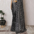 Black, silver Premium pure French metallic chantilly lace saree having stone work in floral design-D16880