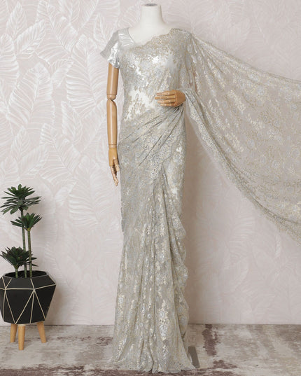 Beige, light gold, silver Premium pure French metallic chantilly lace saree having stone work in floral design-D16882