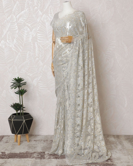 Beige, light gold, silver Premium pure French metallic chantilly lace saree having stone work in floral design-D16882