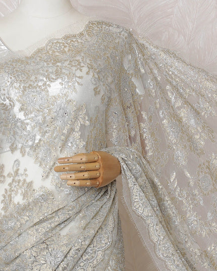 Beige, light gold, silver Premium pure French metallic chantilly lace saree having stone work in floral design-D16882