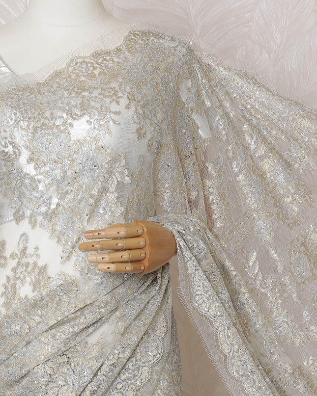 Beige, light gold, silver Premium pure French metallic chantilly lace saree having stone work in floral design-D16882