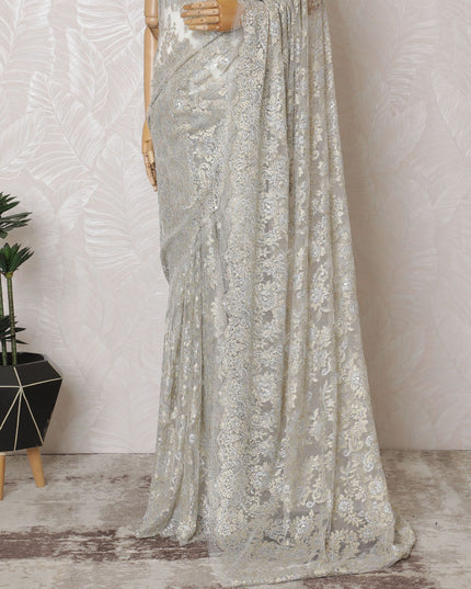 Beige, light gold, silver Premium pure French metallic chantilly lace saree having stone work in floral design-D16882