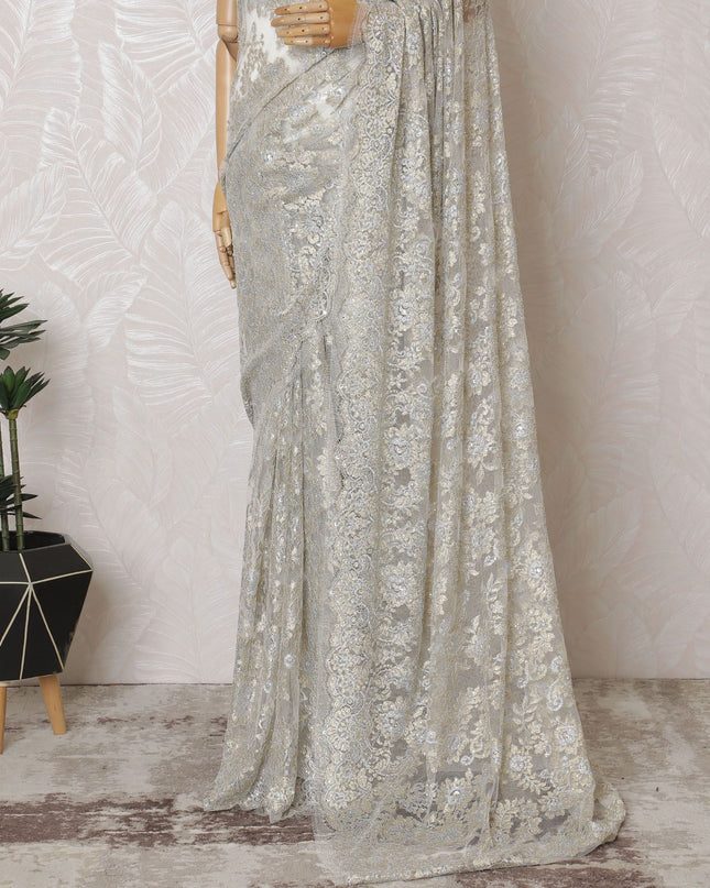 Beige, light gold, silver Premium pure French metallic chantilly lace saree having stone work in floral design-D16882