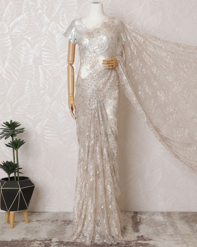 Light peach, copper, silver Premium pure French metallic chantilly lace saree having stone work in floral design-D16884