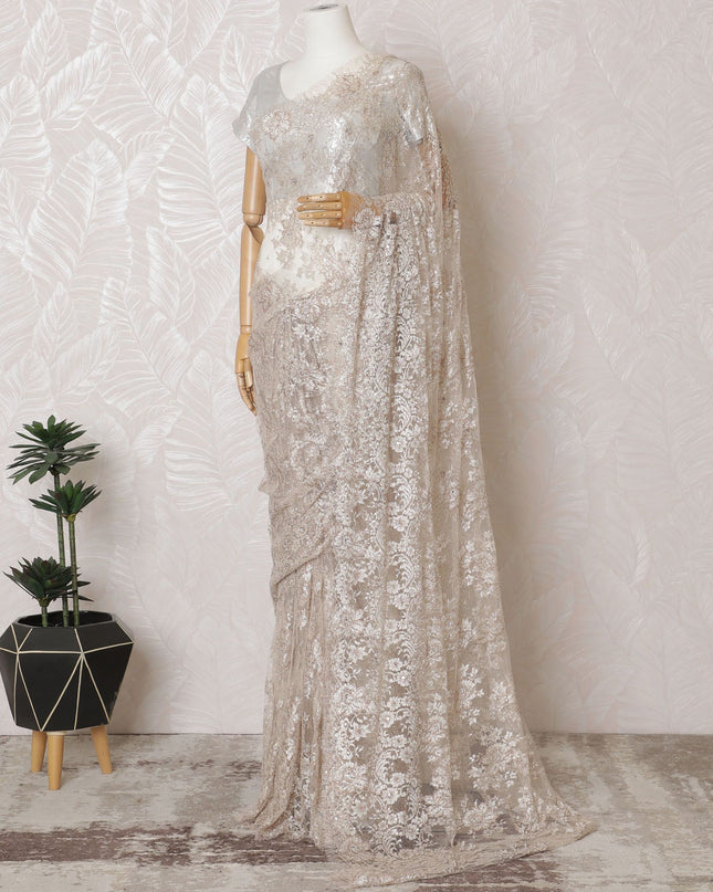 Light peach, copper, silver Premium pure French metallic chantilly lace saree having stone work in floral design-D16884