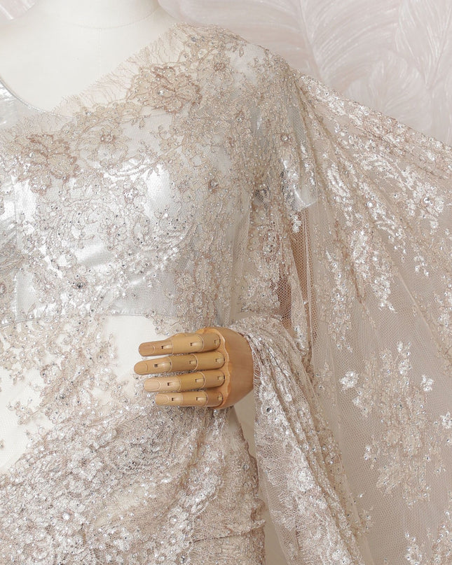 Light peach, copper, silver Premium pure French metallic chantilly lace saree having stone work in floral design-D16884