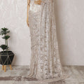 Light peach, copper, silver Premium pure French metallic chantilly lace saree having stone work in floral design-D16884