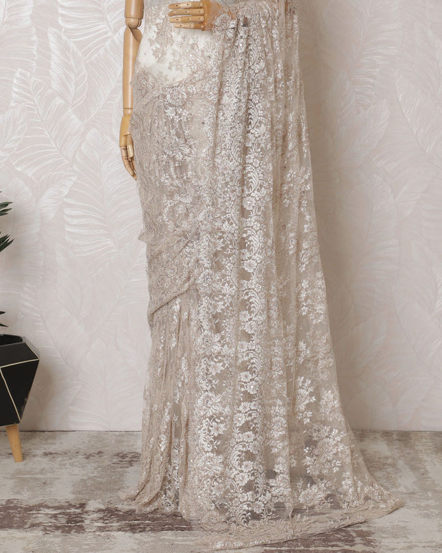 Light peach, copper, silver Premium pure French metallic chantilly lace saree having stone work in floral design-D16884