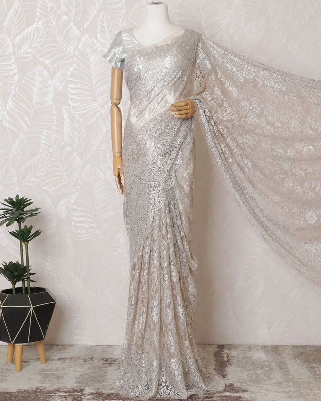 Light pink, silver Premium pure French metallic chantilly lace saree having stone work in floral design-D16885