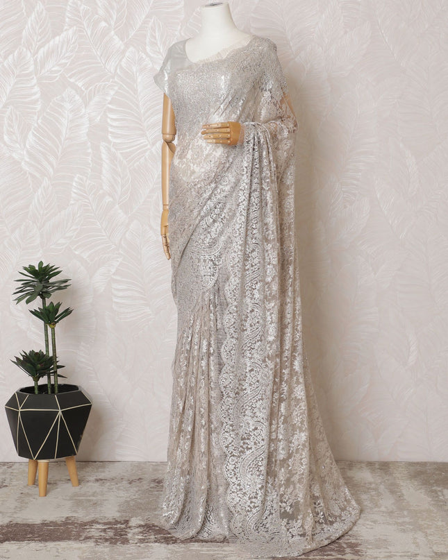 Light pink, silver Premium pure French metallic chantilly lace saree having stone work in floral design-D16885