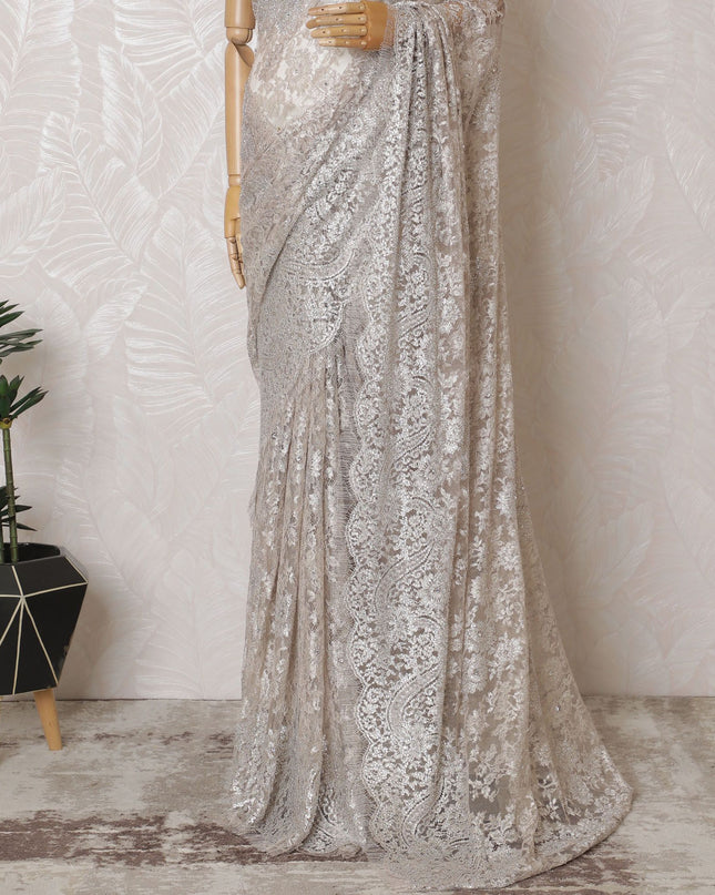 Light pink, silver Premium pure French metallic chantilly lace saree having stone work in floral design-D16885