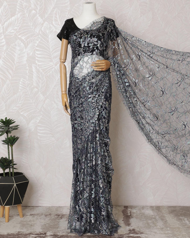 Indigo blue, multicolor Premium pure French chantilly lace saree having stone work in floral design-D16887