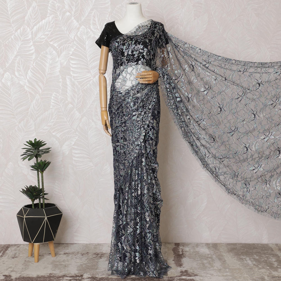 Indigo blue, multicolor Premium pure French chantilly lace saree having stone work in floral design-D16887