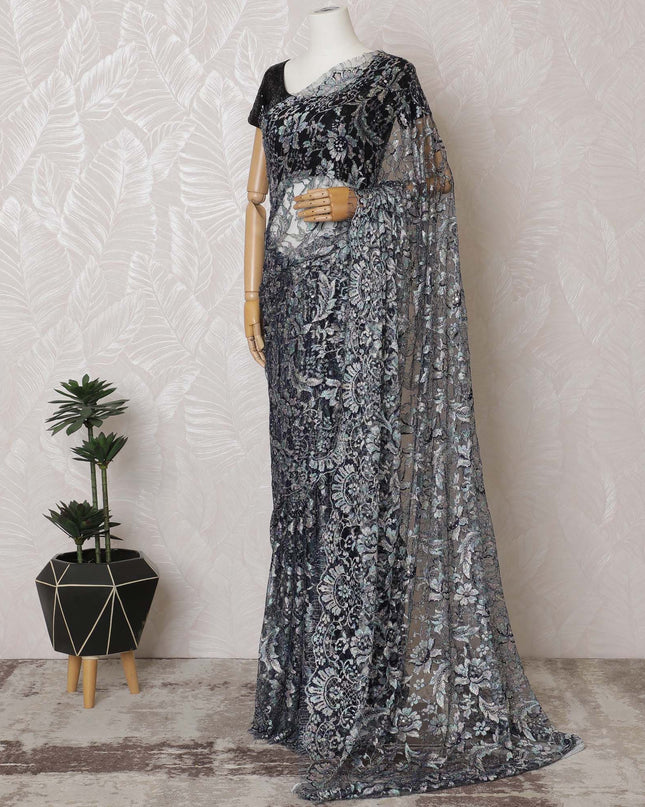 Indigo blue, multicolor Premium pure French chantilly lace saree having stone work in floral design-D16887