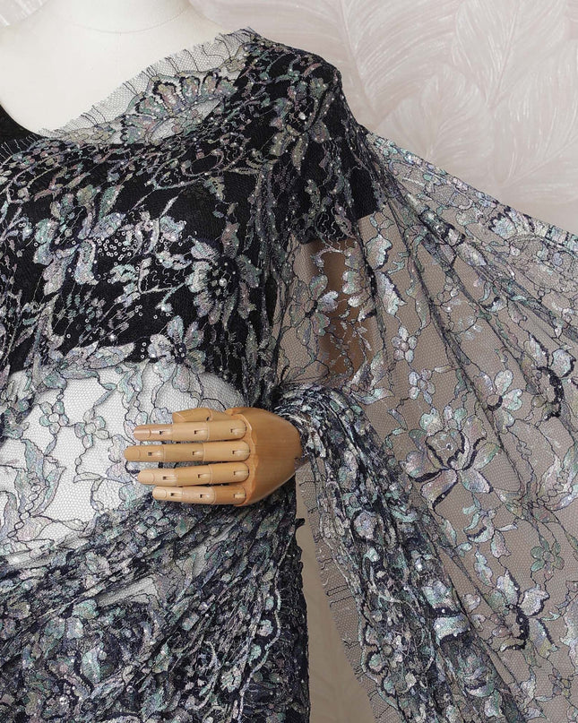 Indigo blue, multicolor Premium pure French chantilly lace saree having stone work in floral design-D16887