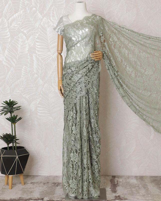 Sage green, Olive green Premium pure French 2tone chantilly lace saree having stone work in floral design-D16890
