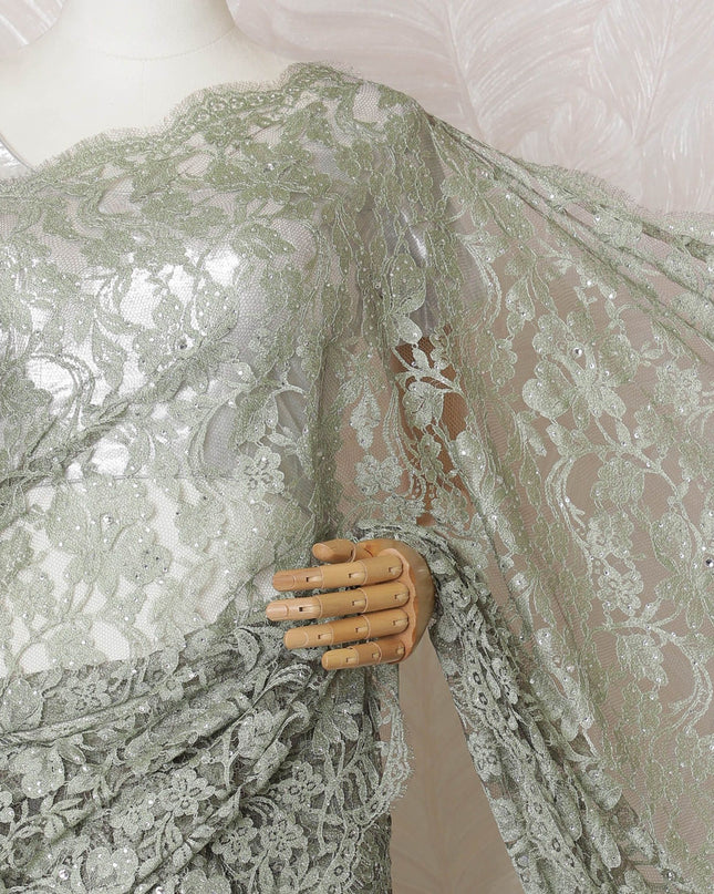 Sage green, Olive green Premium pure French 2tone chantilly lace saree having stone work in floral design-D16890