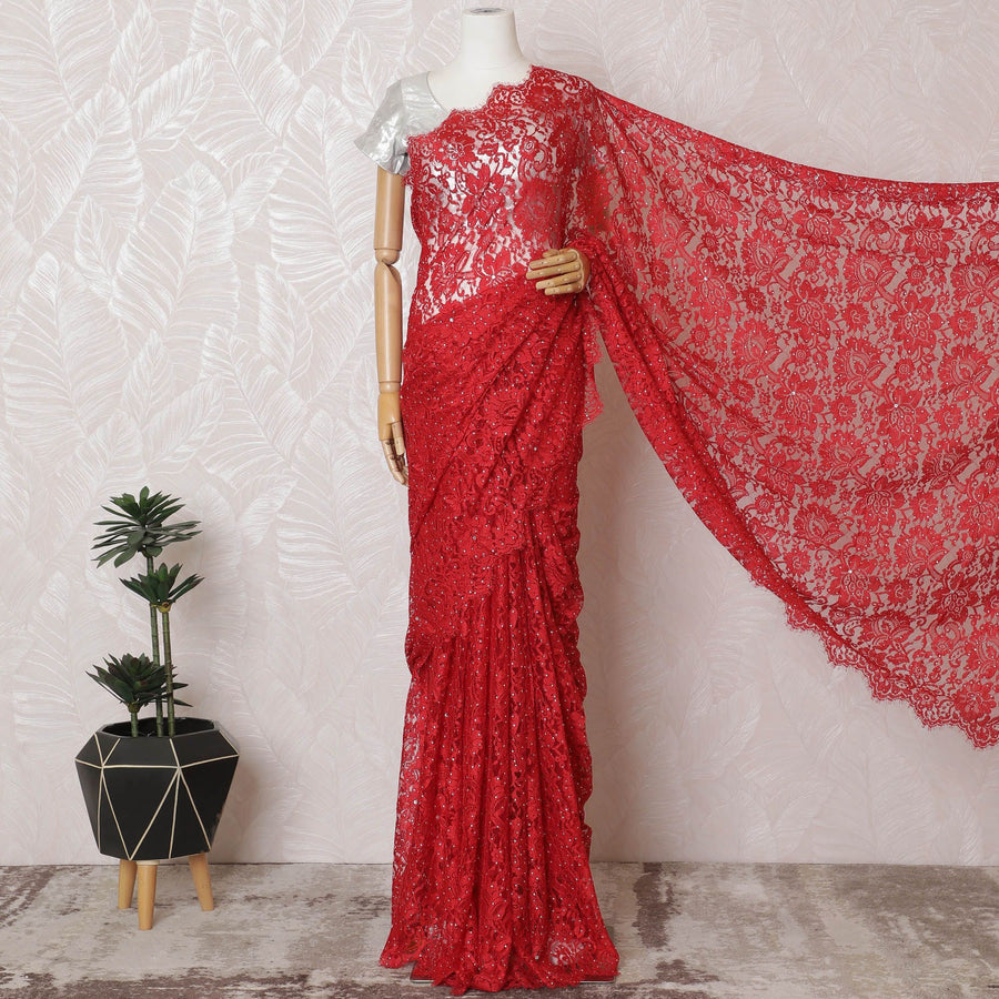 ساري دانتيل شانتيلي فرنسي نقي فاخر باللون الأحمر يتميز بعمل حجري بتصميم الأزهار-D16895