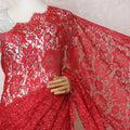 ساري دانتيل شانتيلي فرنسي نقي فاخر باللون الأحمر يتميز بعمل حجري بتصميم الأزهار-D16895