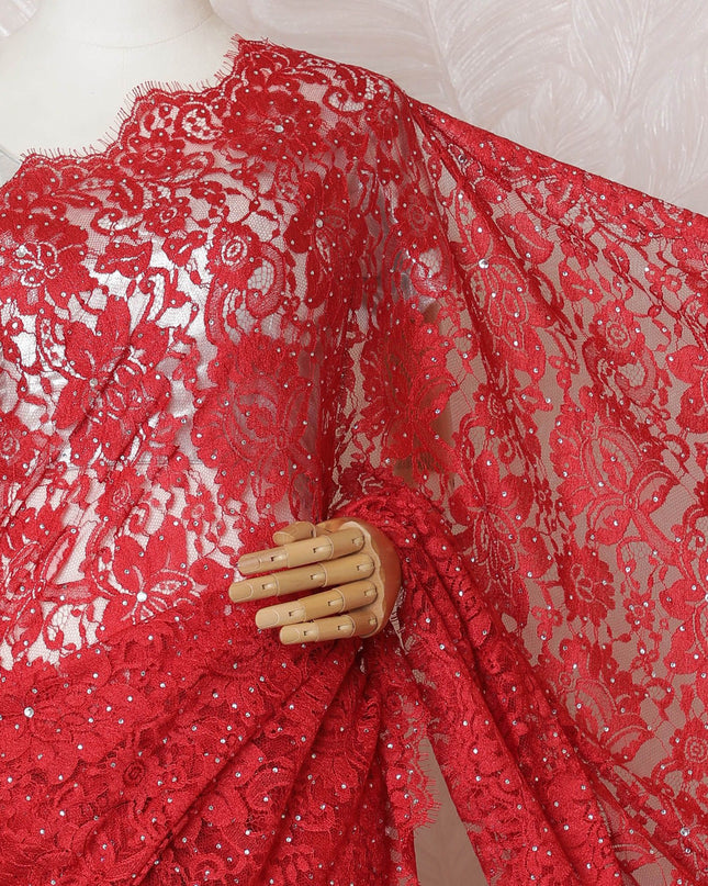 Red Premium pure French chantilly lace saree having stone work in floral design-D16895