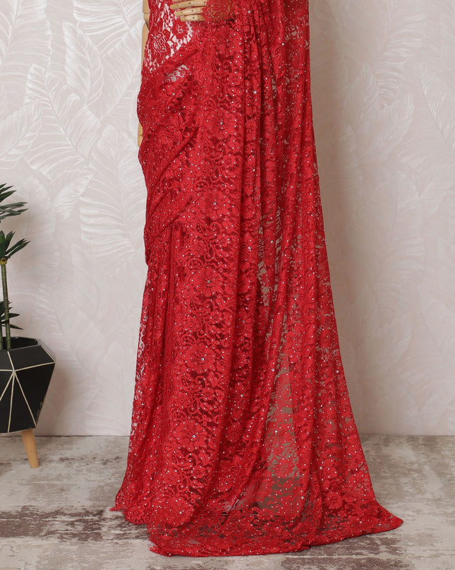 Red Premium pure French chantilly lace saree having stone work in floral design-D16895