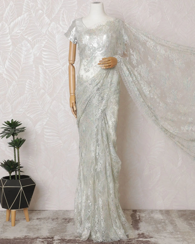 Off white, multicolor Premium pure French metallic chantilly lace saree in floral design-D16904 Regal Fabrics