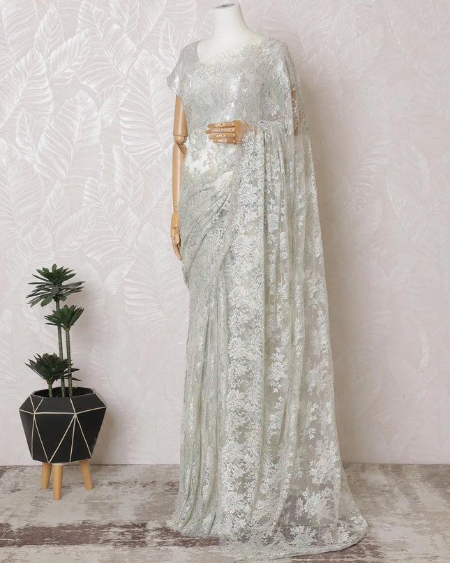Off white, multicolor Premium pure French metallic chantilly lace saree in floral design-D16904 Regal Fabrics