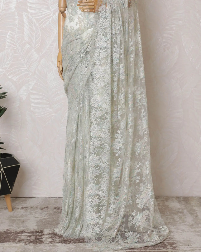 Off white, multicolor Premium pure French metallic chantilly lace saree in floral design-D16904 Regal Fabrics