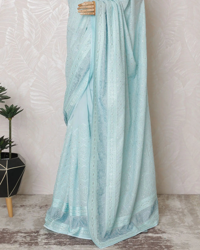 Electric blue Premium art silk saree with same tone, gold sequin embroidery in geometric design-D17074 Regal Fabrics