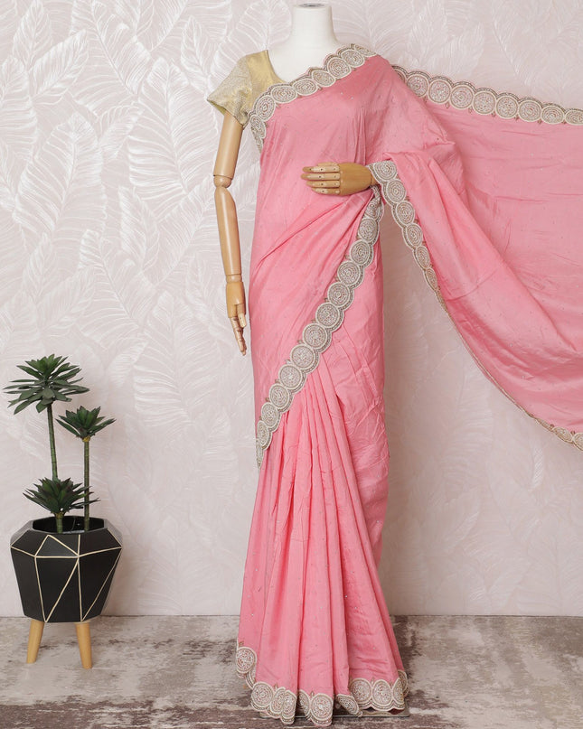 ساري من الحرير القطني باللون الوردي للأطفال مع خرز باللون البيج وأعمال حجرية بتصميم هندسي -D17086