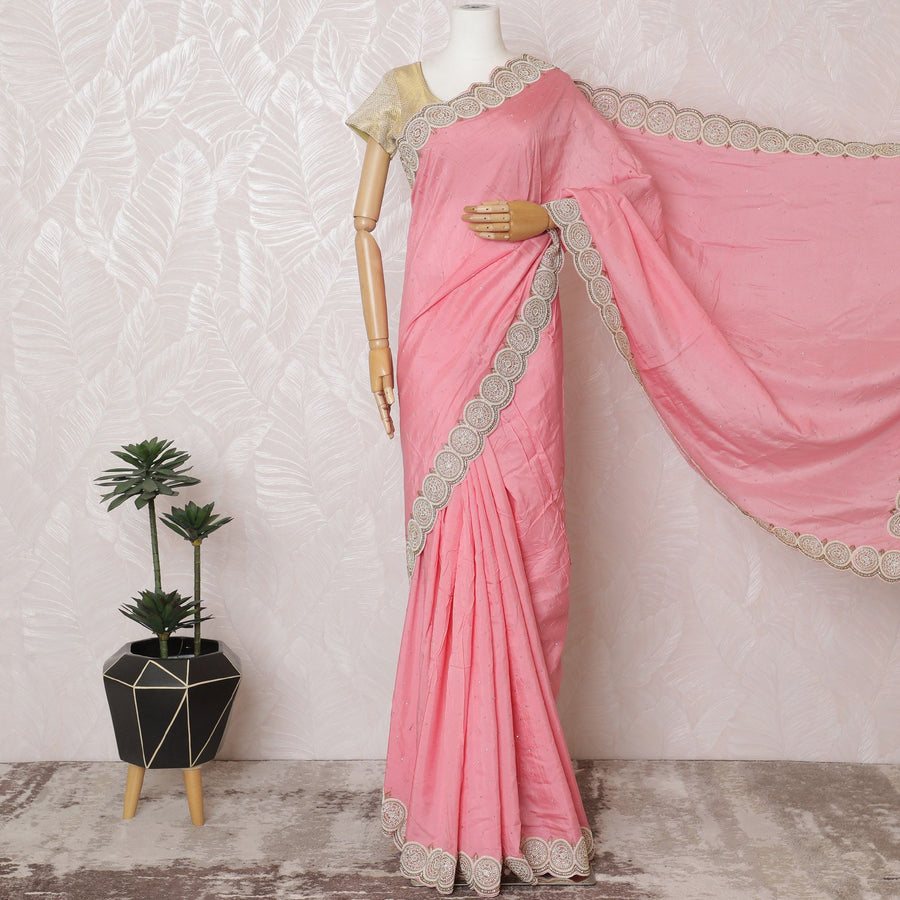 ساري من الحرير القطني باللون الوردي للأطفال مع خرز باللون البيج وأعمال حجرية بتصميم هندسي -D17086