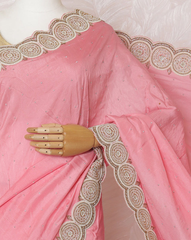 ساري من الحرير القطني باللون الوردي للأطفال مع خرز باللون البيج وأعمال حجرية بتصميم هندسي -D17086