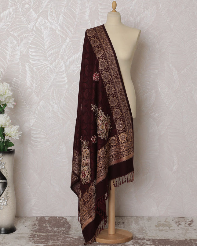 Maroon Premium Pashmina Shawl Dupatta with same tone jacquard, multicolor embrodiery having stone work in floral design-D17264