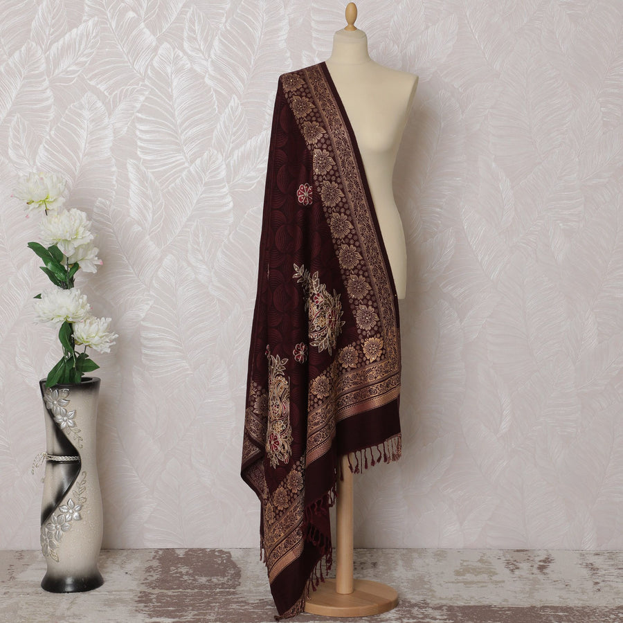 Maroon Premium Pashmina Shawl Dupatta with same tone jacquard, multicolor embrodiery having stone work in floral design-D17264