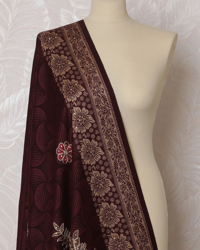 Maroon Premium Pashmina Shawl Dupatta with same tone jacquard, multicolor embrodiery having stone work in floral design-D17264